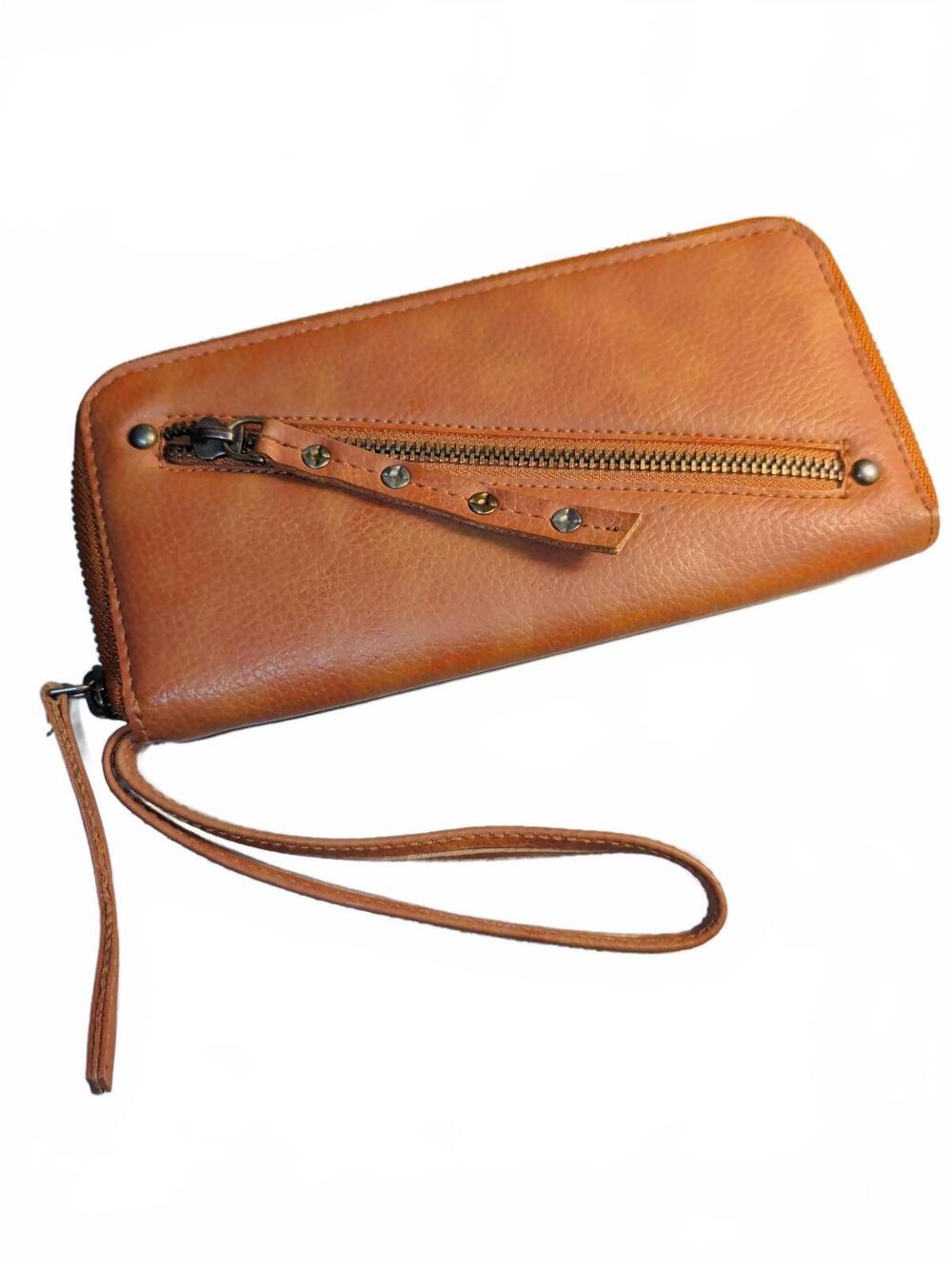 Free People Vegan Leather Zip Wallet Wristlet Womens Brown Boho Casual Fall